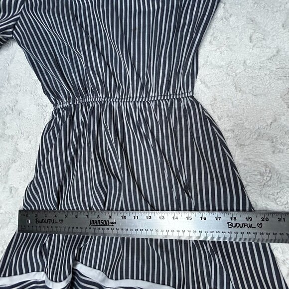 Women's Vintage Midi A-Line Dress Puff Sleeve Elastic Waist Striped Gray Size 12 - Picture 9 of 10